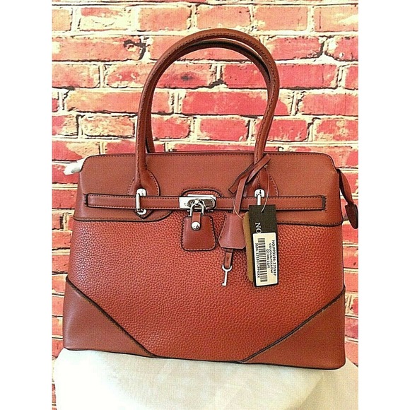 NWT Carmel Vegan Leather Covered Lock & Key Medium Top Handle Satchel Handbag - Picture 1 of 11